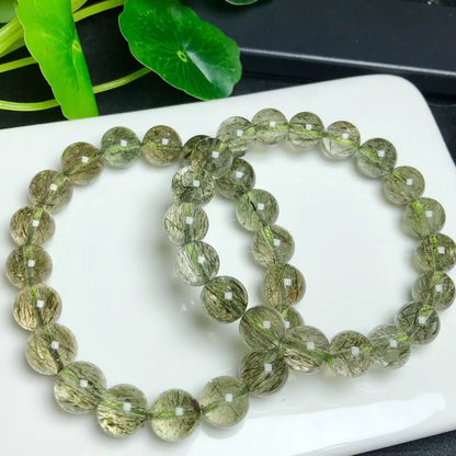 Natural Green Rutilated Quartz Tourmilated Bead Bracelet Brazil Clear Round Women Men 8mm 9mm 10mm 11mm 12mm Stone AAAAA