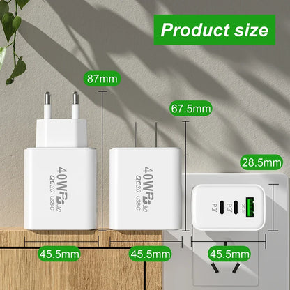 USB C Charger 40W Mobile Phone Type-C PD Fast Charging High Speed Quick Charge 3.0 Wall Charger Multiple Ports for iPhone Xiaomi