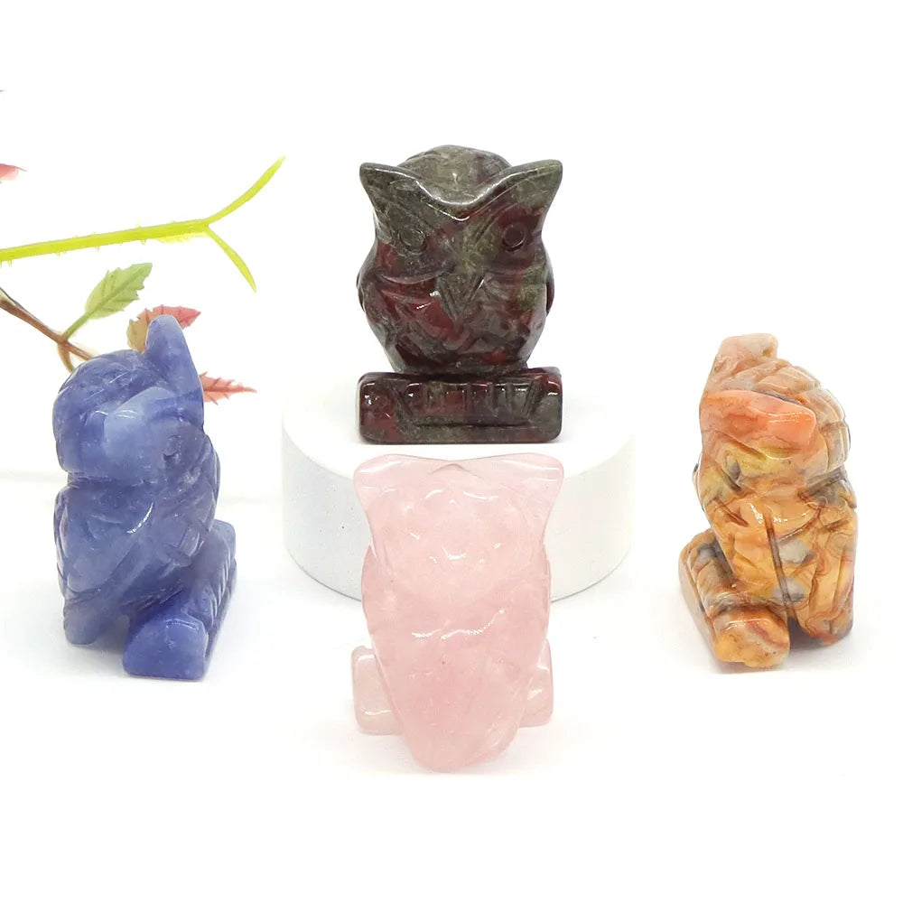 1.5" Owl Statue Natural Gem Rose Quartz Aventurine Crystal Carved Reiki Healing Stone Animal Figurine Crafts Home Decor Ornament