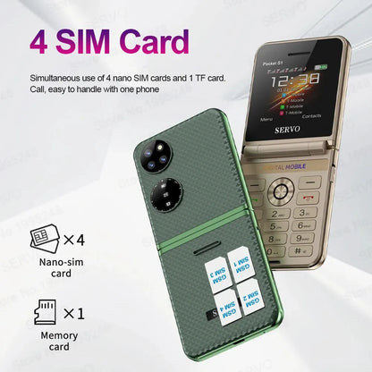 SERVO Pocket S1 New Style Flip Mobile Phone 4 SIM Cards 2G GSM 2.4'' Screen Torch Auto Call Record Magic Voice Fold Phone Gifts