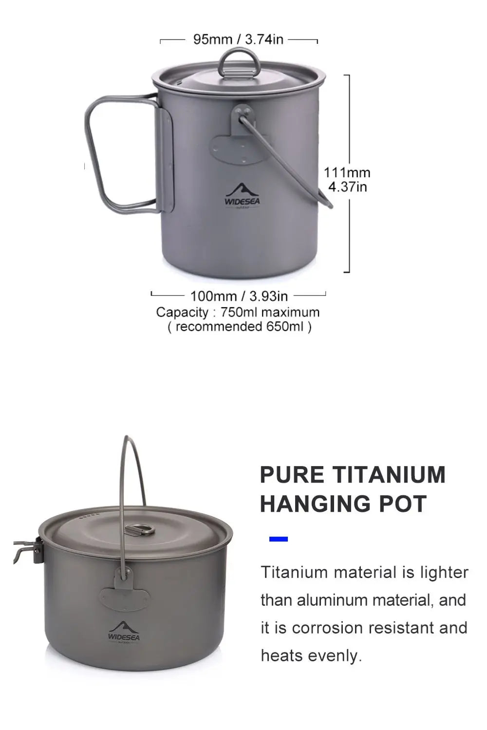 Widesea Camping Tableware Titanium Cookware Set Tourism Cauldron Outdoor Cooking Pot Frying Pan Picnic Kitchen Hiking Trekking