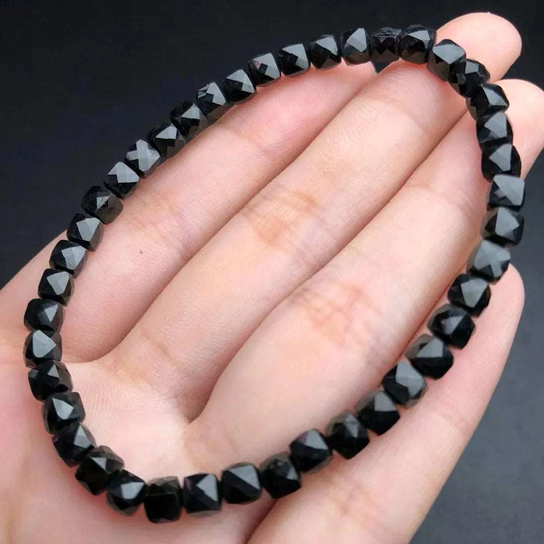 1 Pc Fengbaowu Natural Black Tourmaline Bracelet Faceted Cube Beads Reiki Healing Stone 925 Sterling Silver Jewelry Gift Women