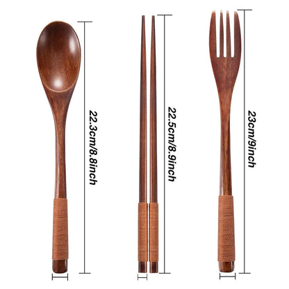 3 Pieces Tableware Natural Wood Dinnerware Spoon Chopsticks Fork Dinner Portable Tableware Grain Household Kitchen Cutlery Set