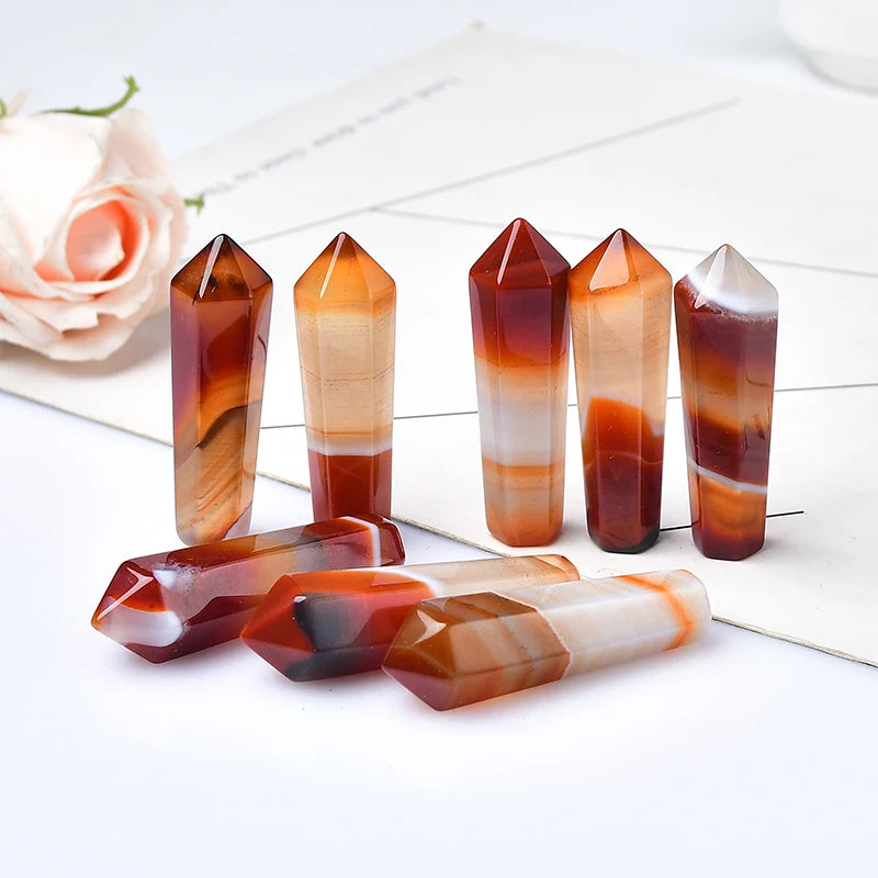 1PC Natural Carnelian Hexagonal Column Sardonyx Crystal Point Red Agate Meditation Healing Stone Tower Mineral Home Decoration