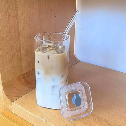 Square Coffee Glass Cup With Lid and Straw Transparent glasses Milk Tea Juice Cups ice Mug For  Drinkware