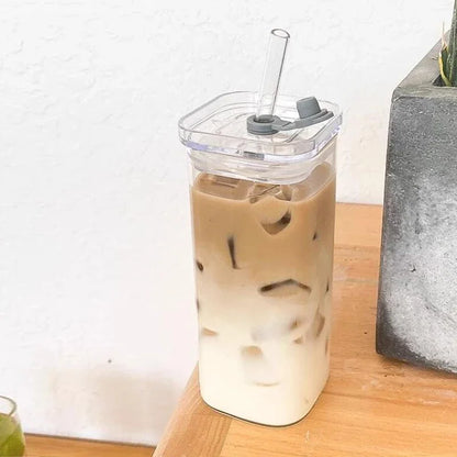 Square Coffee Glass Cup With Lid and Straw Transparent glasses Milk Tea Juice Cups ice Mug For  Drinkware